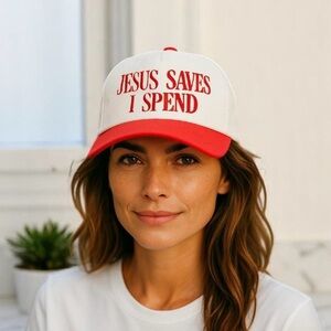 Jesus Saves I Spend Hat, Red and White